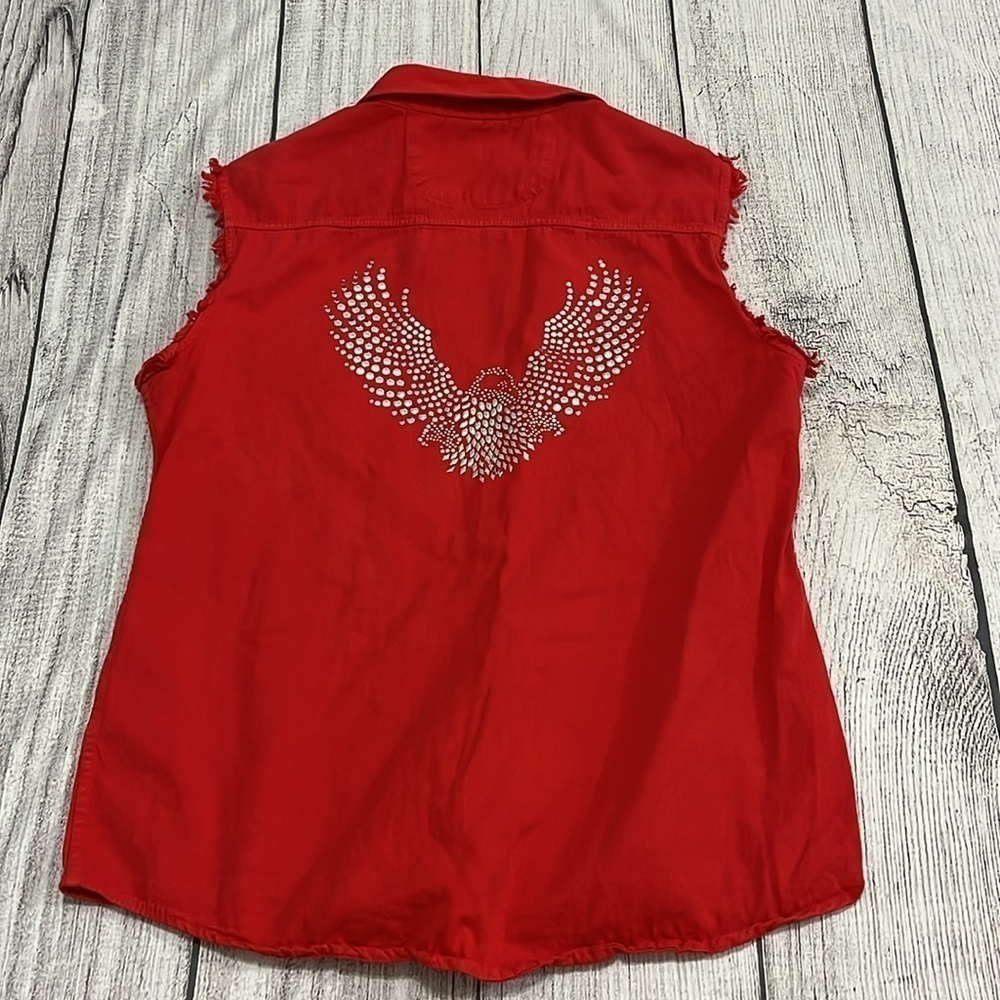 Biker Design Silver Eagle Embellished Sleeveless Button Down Shirt Size Large